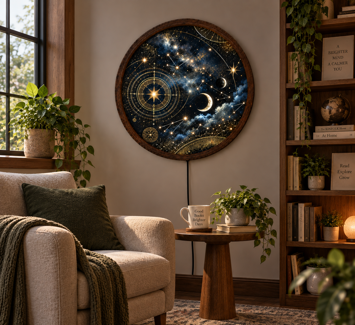 Celestial Moon and Stars LED Wall Art, Astrology Constellation Round Lighted Decor, Cosmic Galaxy Wall Art, Mystical Home Decor