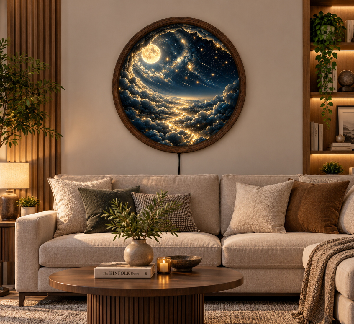 Moon and Stars LED Wall Art, Celestial Galaxy Round Lighted Decor, Dreamy Night Sky Wall Art, Cosmic Bedroom Decor