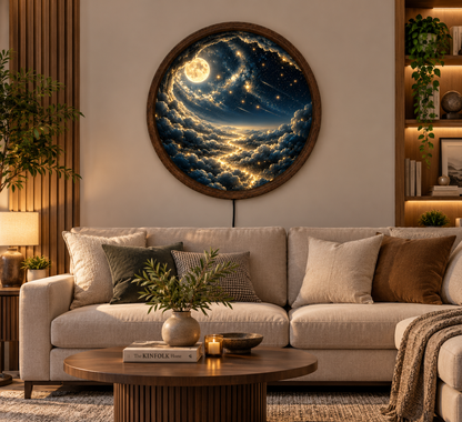 Moon and Stars LED Wall Art, Celestial Galaxy Round Lighted Decor, Dreamy Night Sky Wall Art, Cosmic Bedroom Decor