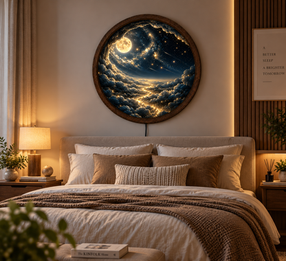 Moon and Stars LED Wall Art, Celestial Galaxy Round Lighted Decor, Dreamy Night Sky Wall Art, Cosmic Bedroom Decor