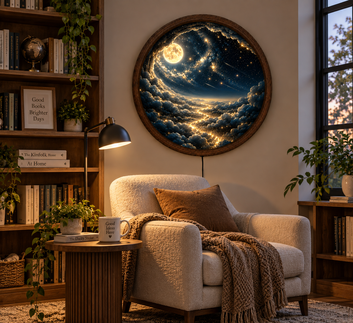 Moon and Stars LED Wall Art, Celestial Galaxy Round Lighted Decor, Dreamy Night Sky Wall Art, Cosmic Bedroom Decor