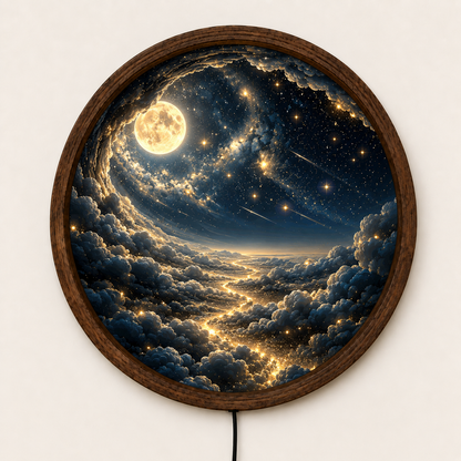 Moon and Stars LED Wall Art, Celestial Galaxy Round Lighted Decor, Dreamy Night Sky Wall Art, Cosmic Bedroom Decor