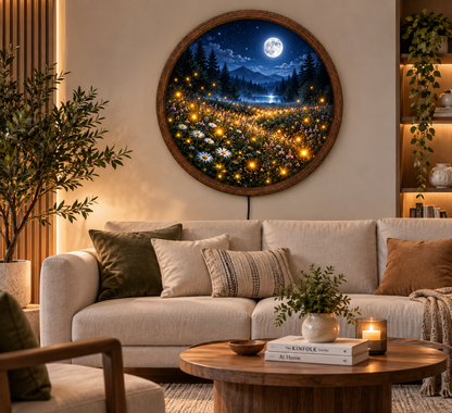 Moonlit Wildflower Meadow LED Wall Art, Mountain Lake Night Light, Round Nature Wall Decor, Forest Moon Lamp