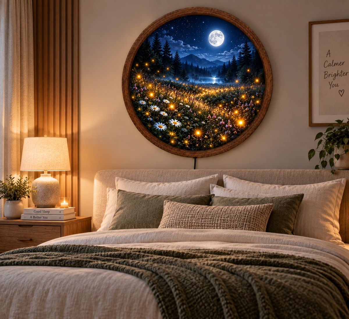 Moonlit Wildflower Meadow LED Wall Art, Mountain Lake Night Light, Round Nature Wall Decor, Forest Moon Lamp
