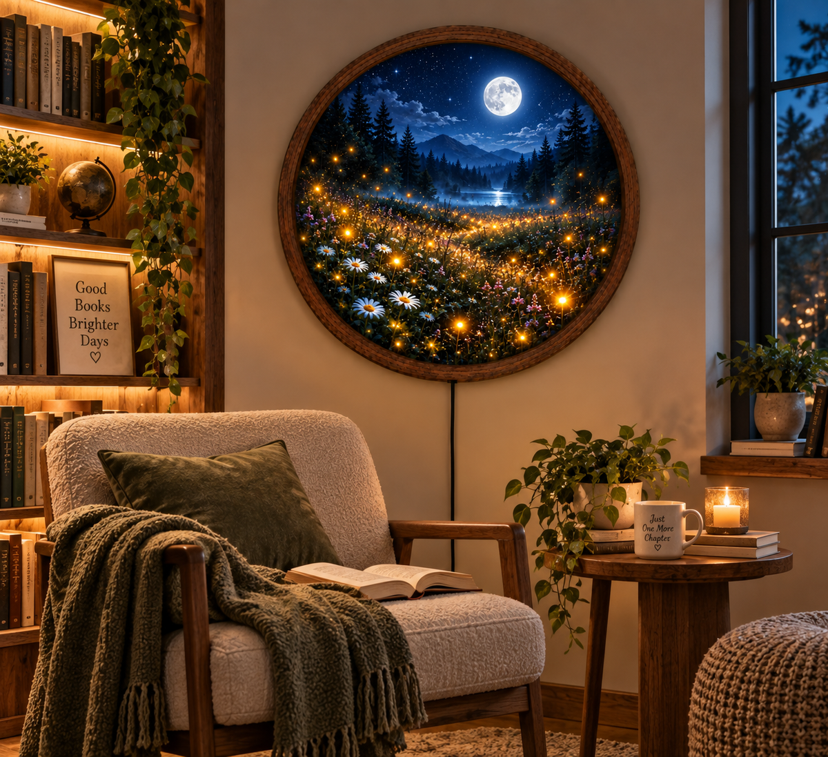 Moonlit Wildflower Meadow LED Wall Art, Mountain Lake Night Light, Round Nature Wall Decor, Forest Moon Lamp
