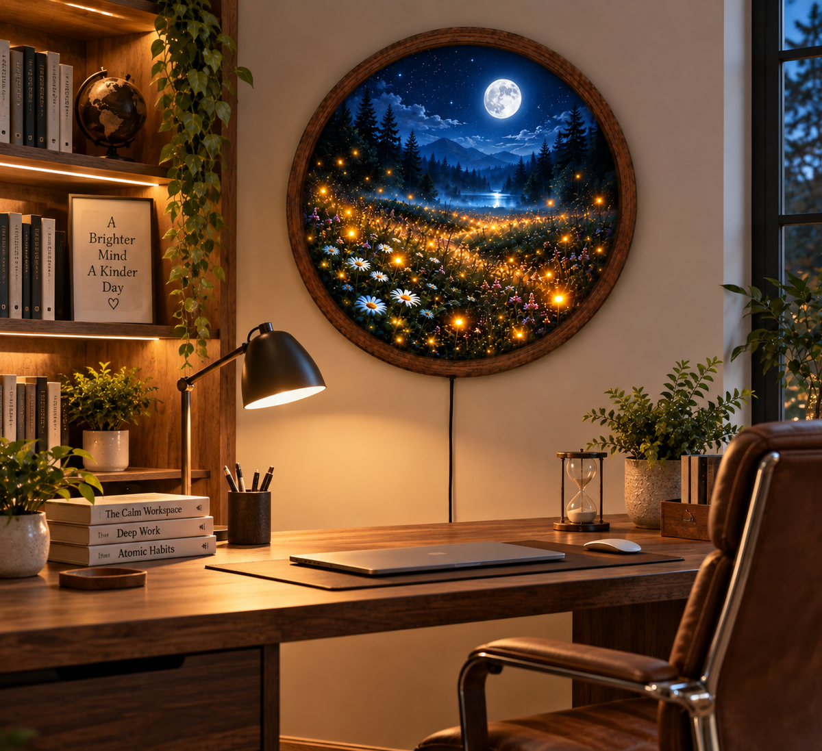 Moonlit Wildflower Meadow LED Wall Art, Mountain Lake Night Light, Round Nature Wall Decor, Forest Moon Lamp