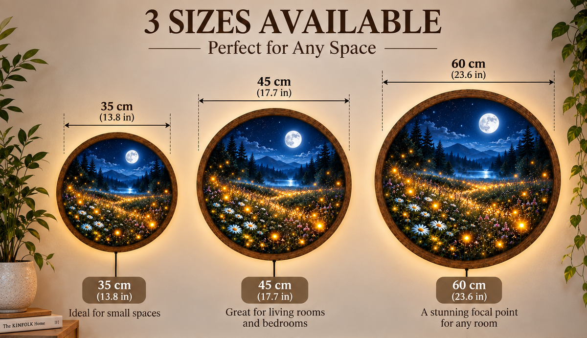 Moonlit Wildflower Meadow LED Wall Art, Mountain Lake Night Light, Round Nature Wall Decor, Forest Moon Lamp