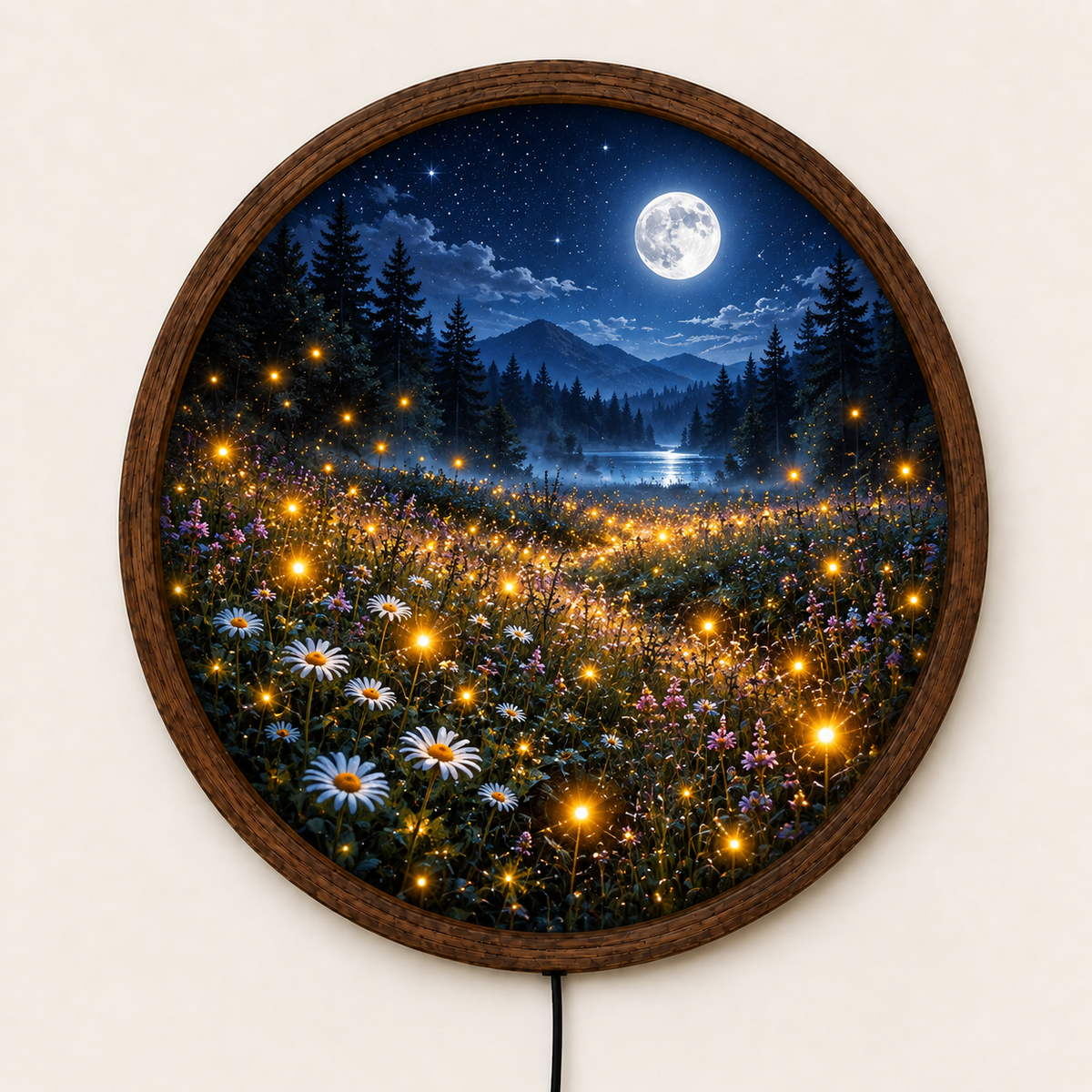 Moonlit Wildflower Meadow LED Wall Art, Mountain Lake Night Light, Round Nature Wall Decor, Forest Moon Lamp