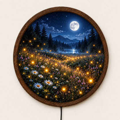 Moonlit Wildflower Meadow LED Wall Art, Mountain Lake Night Light, Round Nature Wall Decor, Forest Moon Lamp