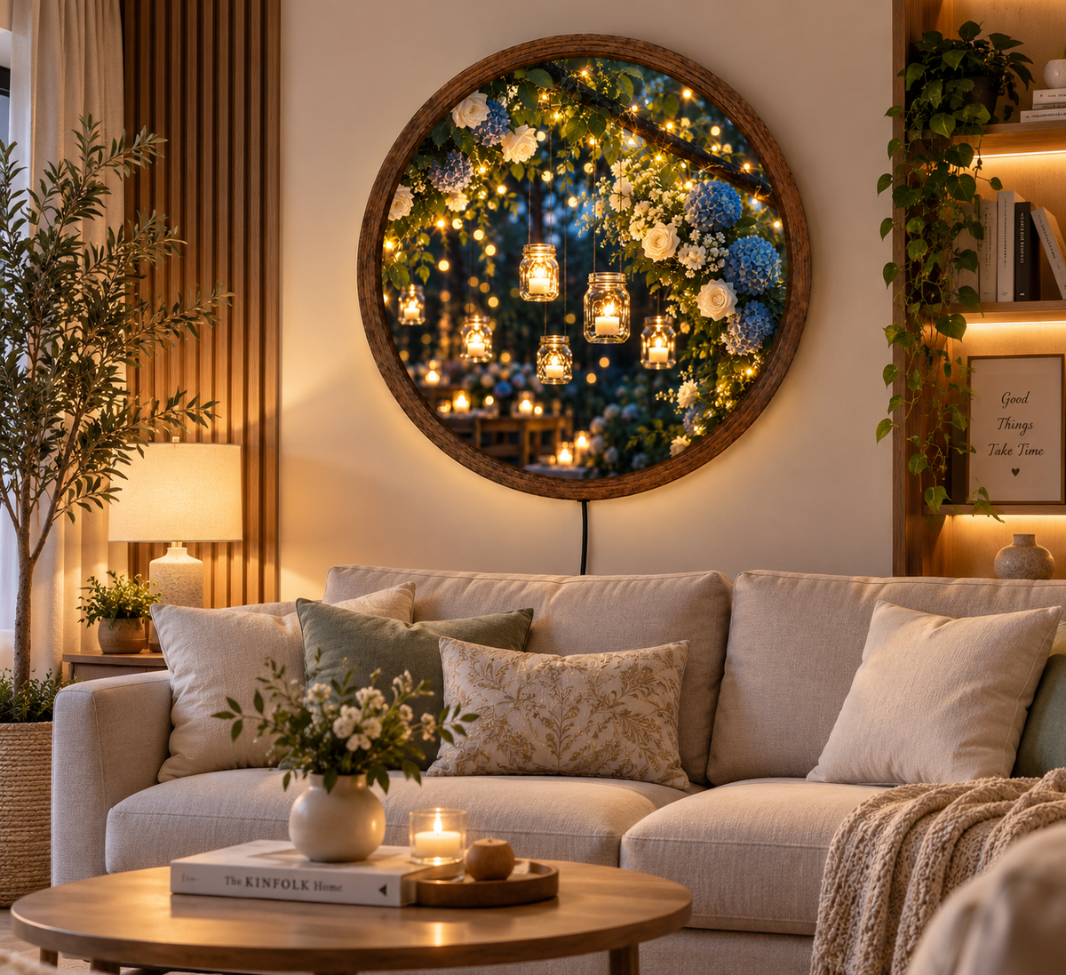 Romantic Garden LED Wall Art, Blue Hydrangea & White Rose Decor, Hanging Candle Light, Round Floral Wall Art