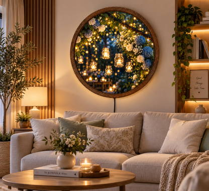 Romantic Garden LED Wall Art, Blue Hydrangea & White Rose Decor, Hanging Candle Light, Round Floral Wall Art