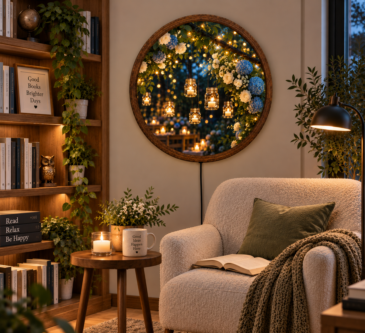 Romantic Garden LED Wall Art, Blue Hydrangea & White Rose Decor, Hanging Candle Light, Round Floral Wall Art