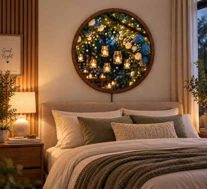 Romantic Garden LED Wall Art, Blue Hydrangea & White Rose Decor, Hanging Candle Light, Round Floral Wall Art