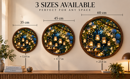 Romantic Garden LED Wall Art, Blue Hydrangea & White Rose Decor, Hanging Candle Light, Round Floral Wall Art