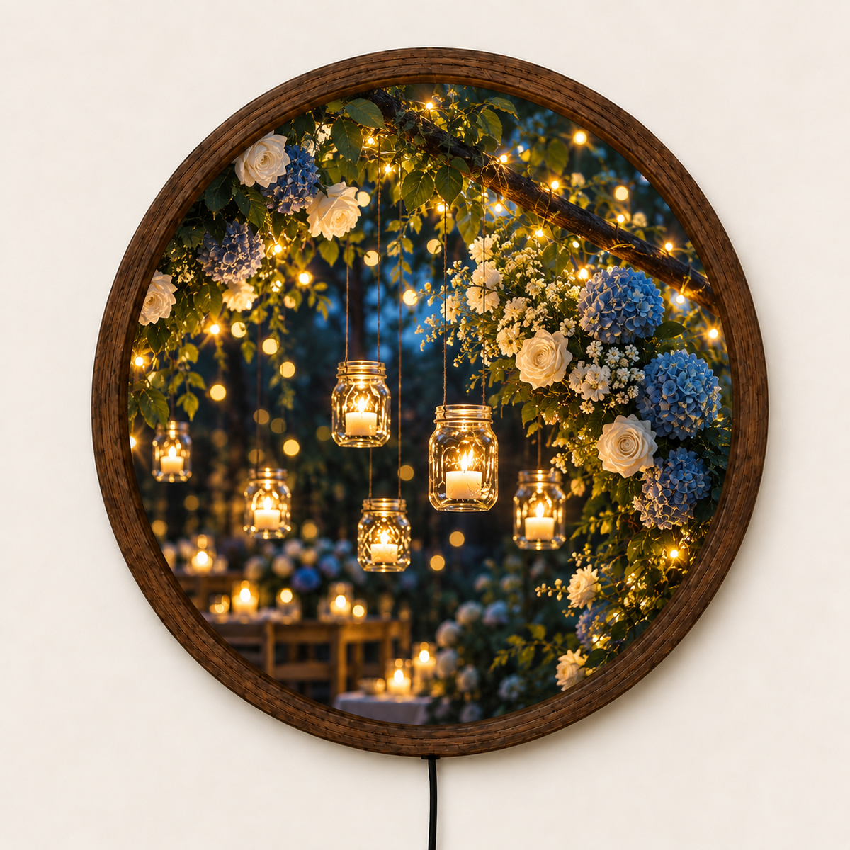 Romantic Garden LED Wall Art, Blue Hydrangea & White Rose Decor, Hanging Candle Light, Round Floral Wall Art