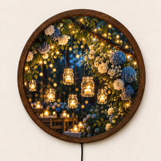 Romantic Garden LED Wall Art, Blue Hydrangea & White Rose Decor, Hanging Candle Light, Round Floral Wall Art