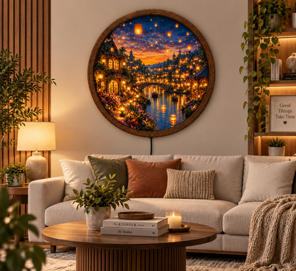 Enchanted Village LED Wall Art, Glowing Lantern Canal Scene, Fantasy Town Round Light, Romantic Cottage Wall Decor