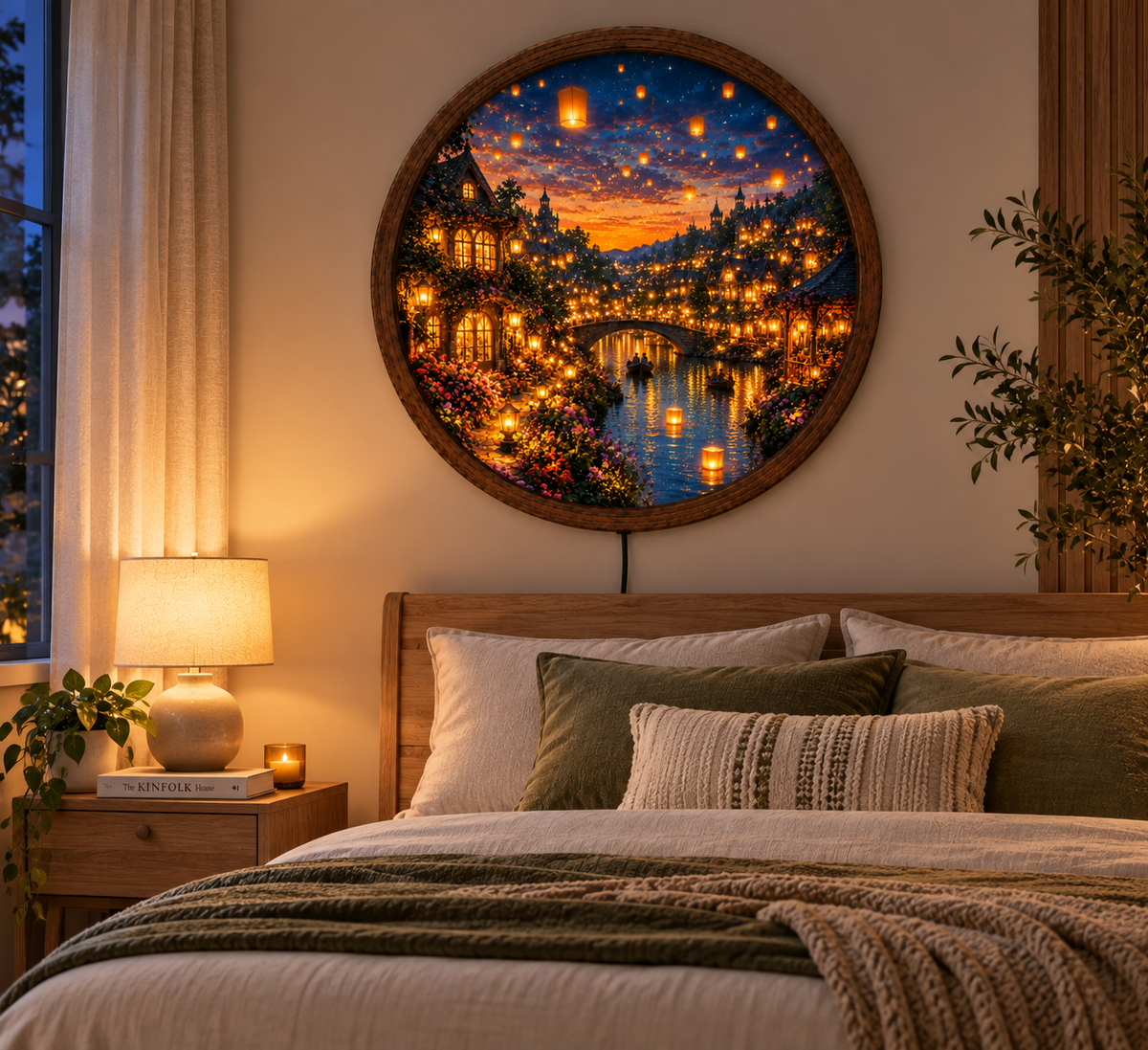 Enchanted Village LED Wall Art, Glowing Lantern Canal Scene, Fantasy Town Round Light, Romantic Cottage Wall Decor
