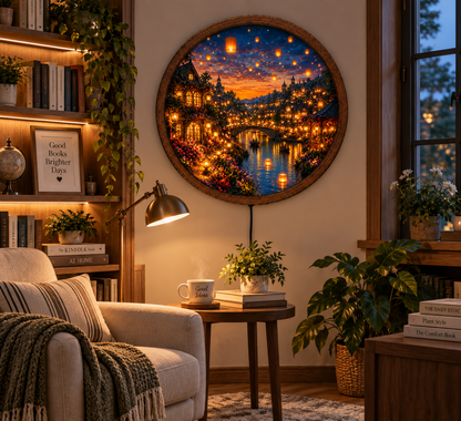 Enchanted Village LED Wall Art, Glowing Lantern Canal Scene, Fantasy Town Round Light, Romantic Cottage Wall Decor