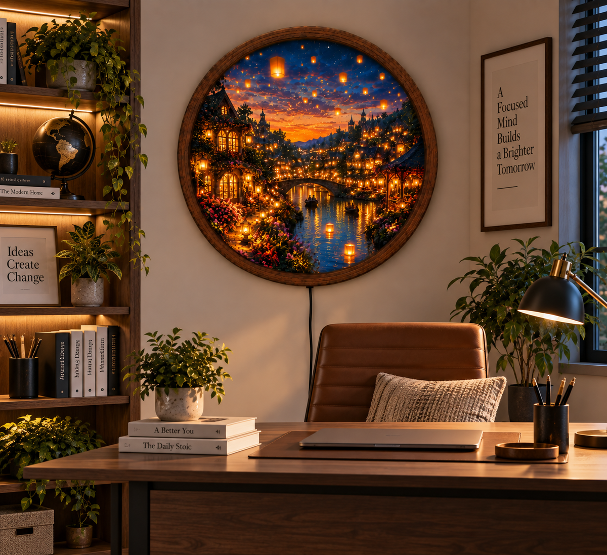 Enchanted Village LED Wall Art, Glowing Lantern Canal Scene, Fantasy Town Round Light, Romantic Cottage Wall Decor