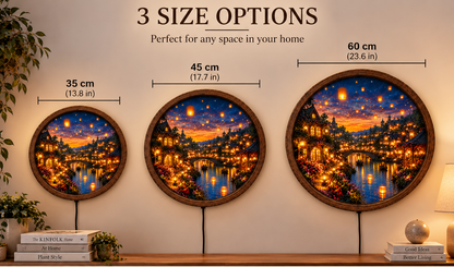 Enchanted Village LED Wall Art, Glowing Lantern Canal Scene, Fantasy Town Round Light, Romantic Cottage Wall Decor