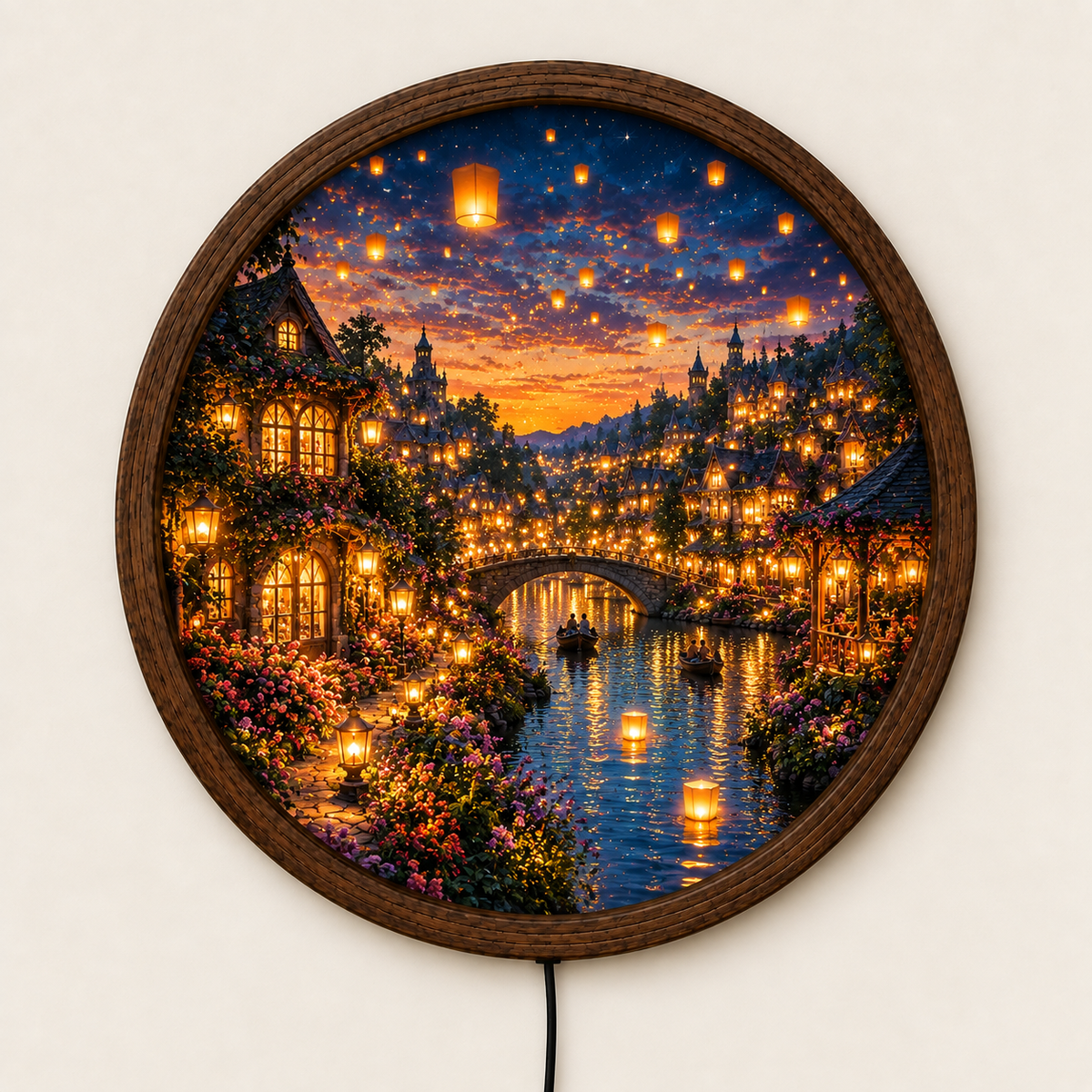Enchanted Village LED Wall Art, Glowing Lantern Canal Scene, Fantasy Town Round Light, Romantic Cottage Wall Decor