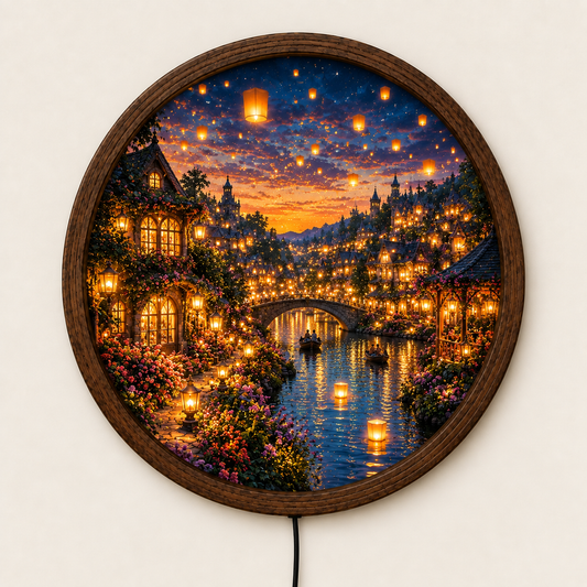 Enchanted Village LED Wall Art, Glowing Lantern Canal Scene, Fantasy Town Round Light, Romantic Cottage Wall Decor