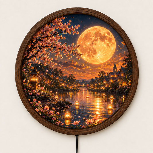 Golden Moon Lake LED Wall Art, Cherry Blossom Lantern Landscape, Fantasy Night Scene, Round Nature Wall Decor