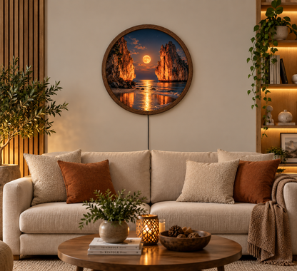 Moonlit Coastal Cliffs LED Wall Art, Round Ocean Landscape Light, Glowing Moon Beach Decor, Nature Wall Lamp, Bedroom Living Room Decor