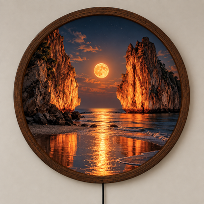 Moonlit Coastal Cliffs LED Wall Art, Round Ocean Landscape Light, Glowing Moon Beach Decor, Nature Wall Lamp, Bedroom Living Room Decor