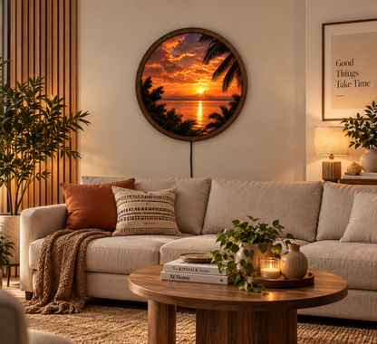 Tropical Sunset LED Wall Art, Round Ocean Landscape Light, Palm Tree Beach Decor, Coastal Wall Lamp, Living Room Bedroom Decor