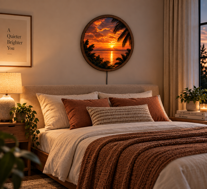 Tropical Sunset LED Wall Art, Round Ocean Landscape Light, Palm Tree Beach Decor, Coastal Wall Lamp, Living Room Bedroom Decor