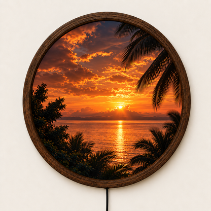 Tropical Sunset LED Wall Art, Round Ocean Landscape Light, Palm Tree Beach Decor, Coastal Wall Lamp, Living Room Bedroom Decor