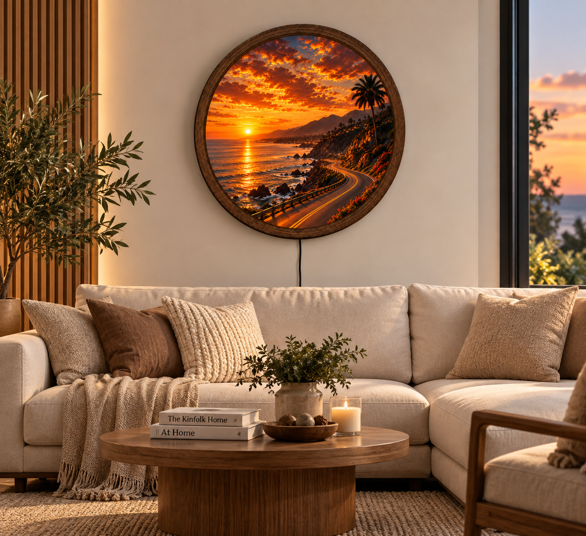 Coastal Highway Sunset LED Wall Art, Round Ocean Landscape Light, Scenic Beach Road Decor, Coastal Wall Lamp, Living Room Bedroom Decor