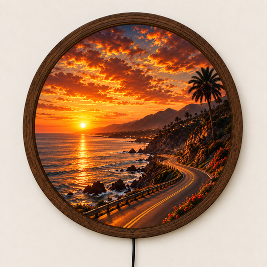 Coastal Highway Sunset LED Wall Art, Round Ocean Landscape Light, Scenic Beach Road Decor, Coastal Wall Lamp, Living Room Bedroom Decor