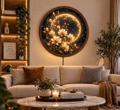 Moon and Magnolia LED Wall Art, Floral Round Lighted Wall Decor, Golden Celestial Flower Art, Bedroom Home Decor