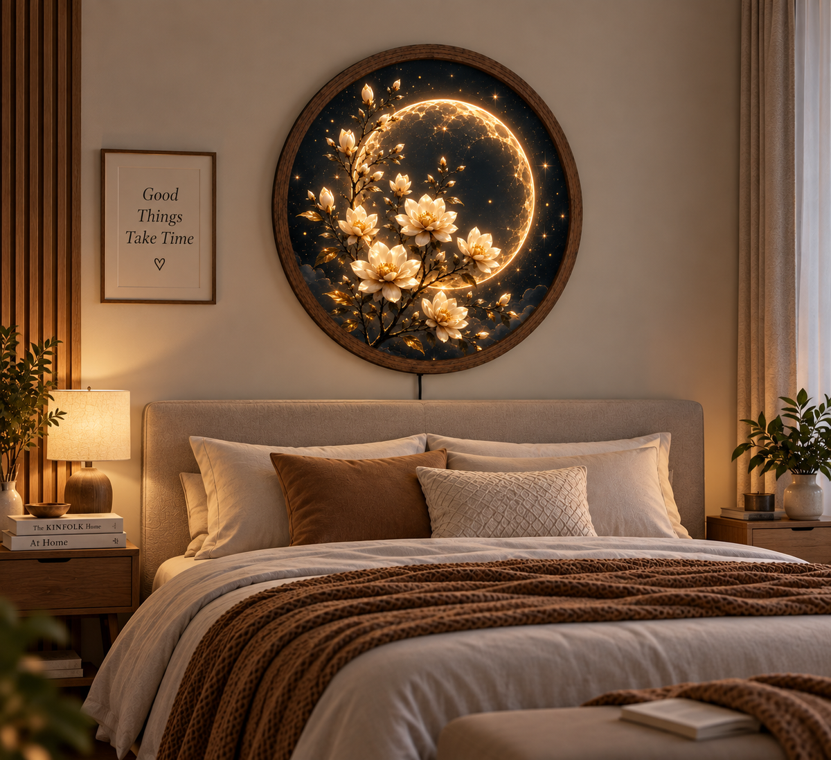 Moon and Magnolia LED Wall Art, Floral Round Lighted Wall Decor, Golden Celestial Flower Art, Bedroom Home Decor