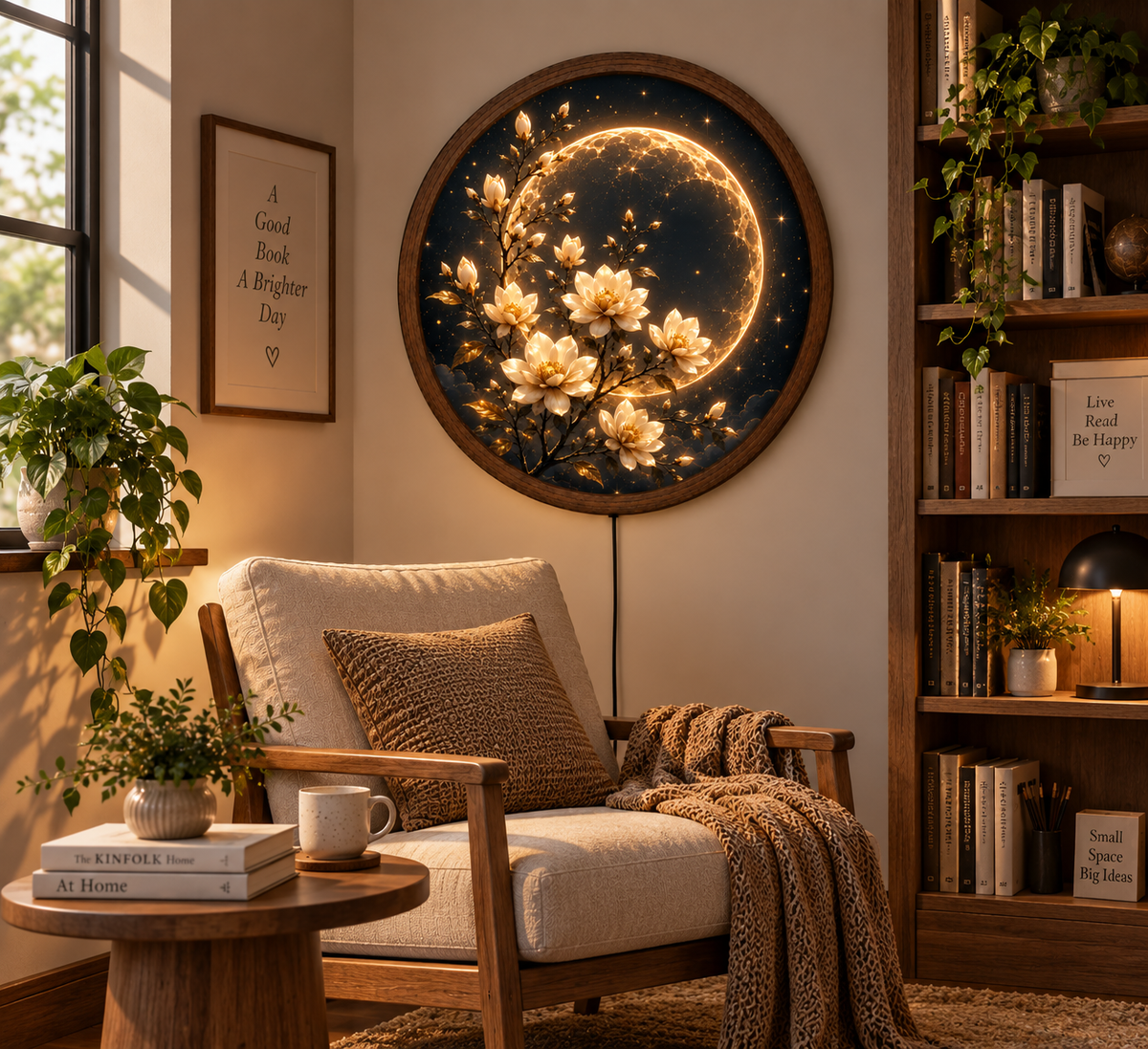 Moon and Magnolia LED Wall Art, Floral Round Lighted Wall Decor, Golden Celestial Flower Art, Bedroom Home Decor