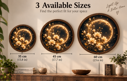 Moon and Magnolia LED Wall Art, Floral Round Lighted Wall Decor, Golden Celestial Flower Art, Bedroom Home Decor