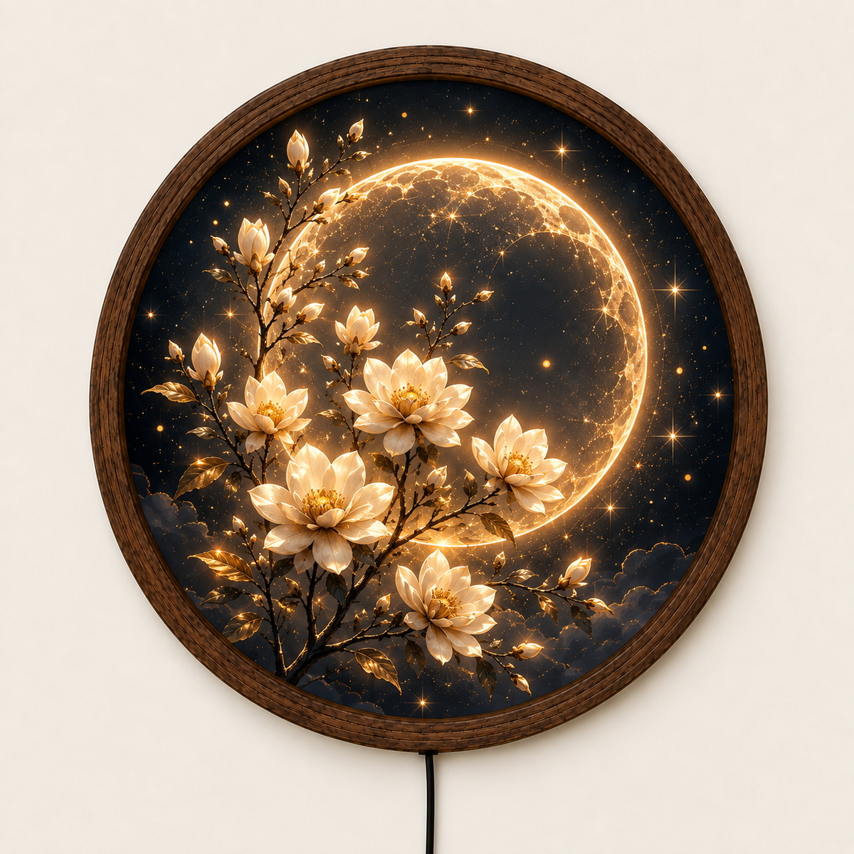 Moon and Magnolia LED Wall Art, Floral Round Lighted Wall Decor, Golden Celestial Flower Art, Bedroom Home Decor