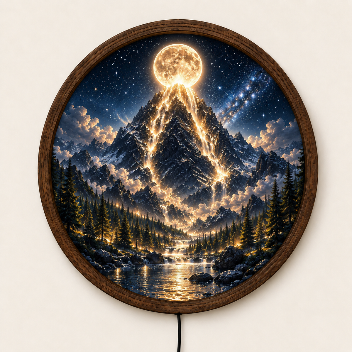 Moonlit Mountain LED Wall Art, Round Fantasy Landscape Light, Glowing Full Moon Mountain Decor, Forest Wall Lamp, Nature Home Decor