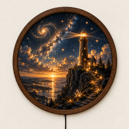 Lighthouse Galaxy LED Wall Art, Round Celestial Ocean Light, Starry Night Coastal Decor, Fantasy Lighthouse Wall Lamp, Nautical Home Decor