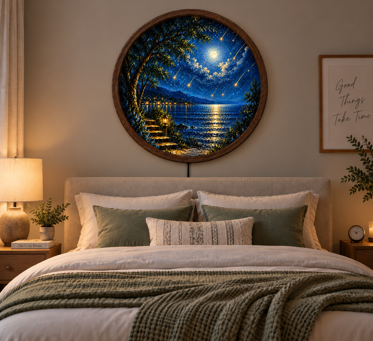 Moonlit Lake Wall Art, Round LED Lighted Wall Decor, Starry Night Landscape, Mountain Lake Art, Rustic Wood Frame Home Decor