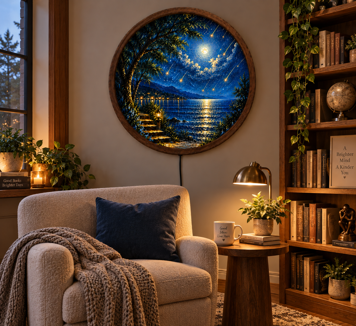 Moonlit Lake Wall Art, Round LED Lighted Wall Decor, Starry Night Landscape, Mountain Lake Art, Rustic Wood Frame Home Decor