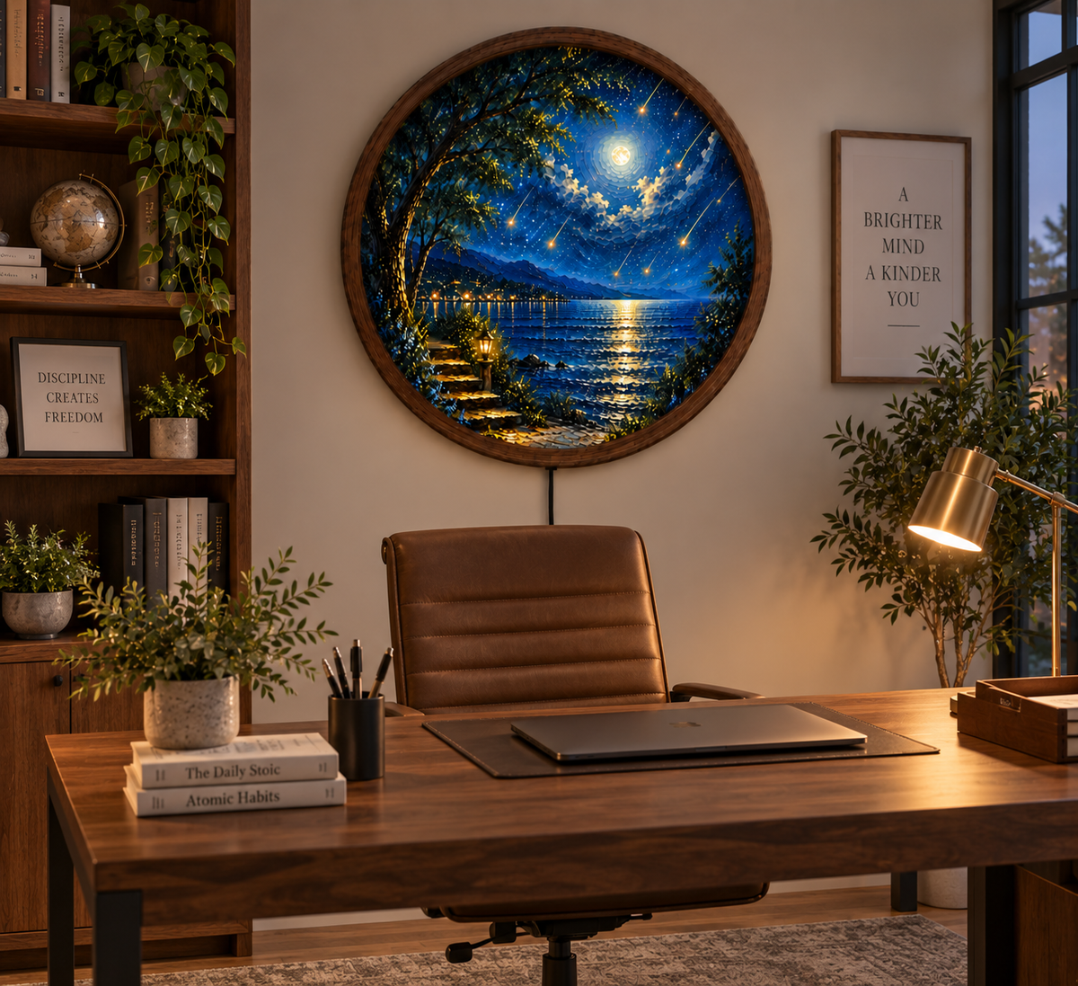 Moonlit Lake Wall Art, Round LED Lighted Wall Decor, Starry Night Landscape, Mountain Lake Art, Rustic Wood Frame Home Decor
