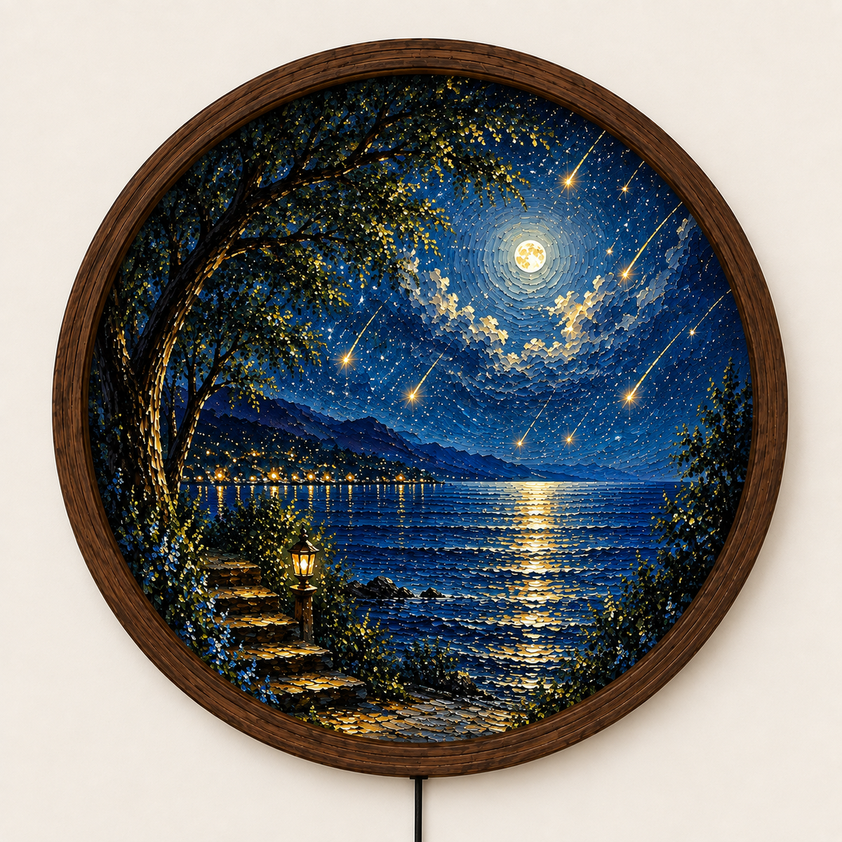 Moonlit Lake Wall Art, Round LED Lighted Wall Decor, Starry Night Landscape, Mountain Lake Art, Rustic Wood Frame Home Decor