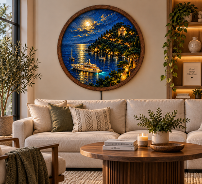 Mediterranean Coastal Night Wall Art, Round LED Lighted Wall Decor, Moonlit Sea Yacht Landscape, Luxury Coastal Home Decor