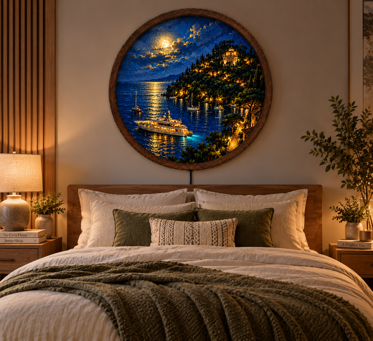 Mediterranean Coastal Night Wall Art, Round LED Lighted Wall Decor, Moonlit Sea Yacht Landscape, Luxury Coastal Home Decor