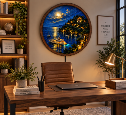 Mediterranean Coastal Night Wall Art, Round LED Lighted Wall Decor, Moonlit Sea Yacht Landscape, Luxury Coastal Home Decor