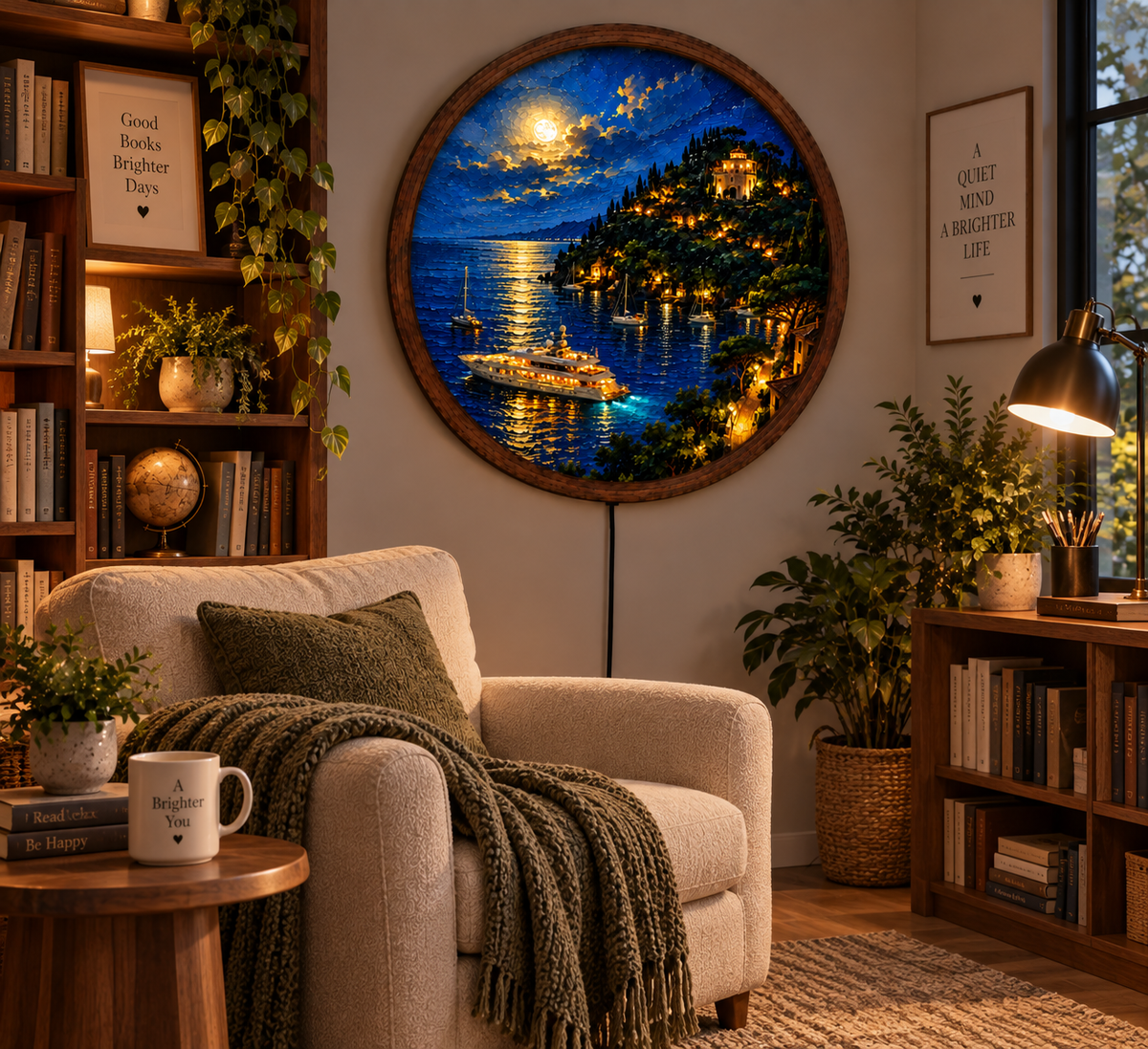 Mediterranean Coastal Night Wall Art, Round LED Lighted Wall Decor, Moonlit Sea Yacht Landscape, Luxury Coastal Home Decor